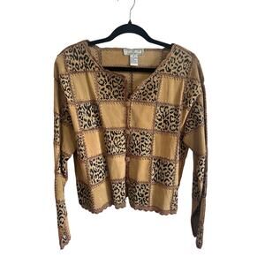 Vintage Leather Rayon Trim Patchwork Cheetah Leopard Print Jacket Cardigan sz M